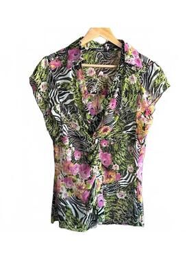 Essentials by Milano Womens Top Large Zebra Pink Floral Twist Knot Bohochic